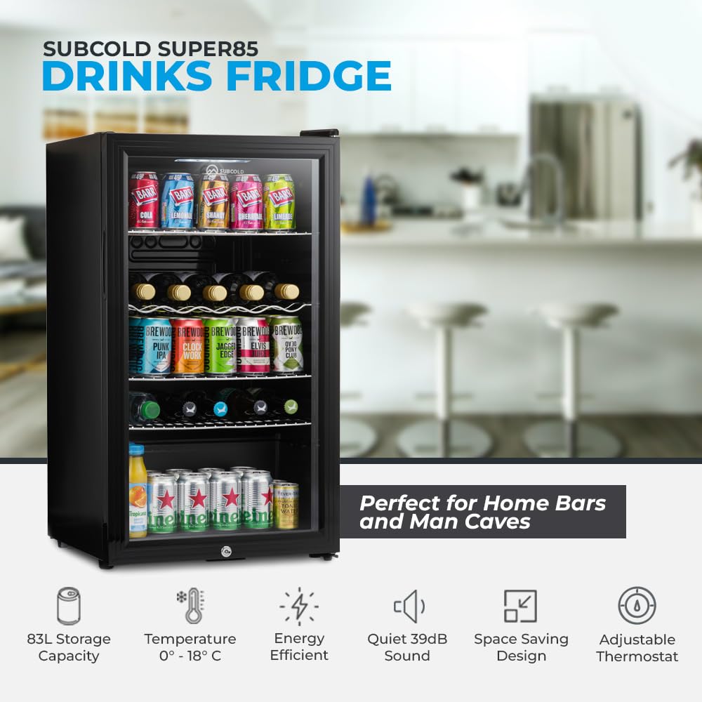 Subcold Super85 LED - Under-Counter Fridge | 85L Beer, Wine & Drinks Fridge | LED Light + Lock and Key | Energy Efficient (Black, 85L)…