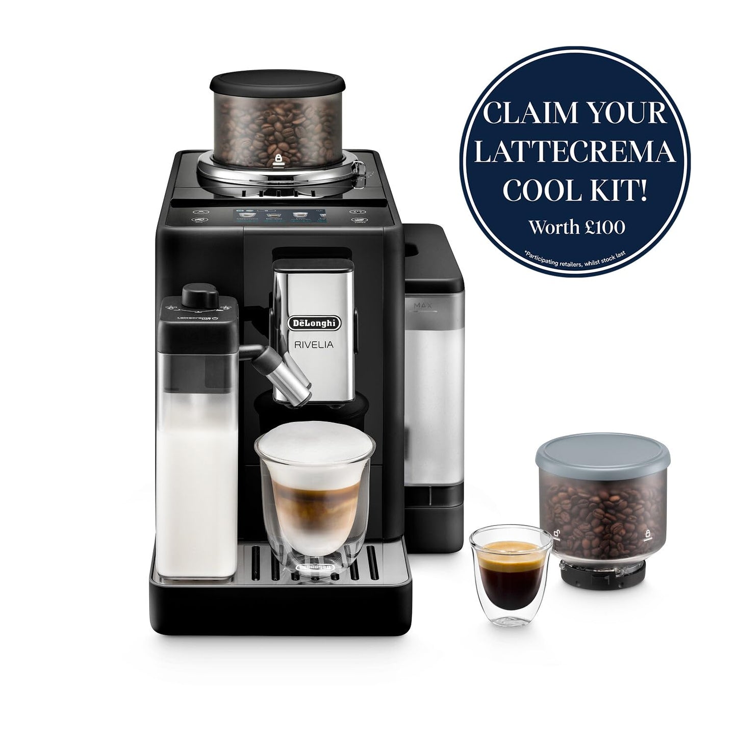De’Longhi Rivelia - Perfetto Automatic Coffee Machine with LatteCrema Automatic Milk Frothing, 16 One-Touch Drinks, Colour Touch Display, Interchangeable Hoppers, Black (EXAM440.55.B)