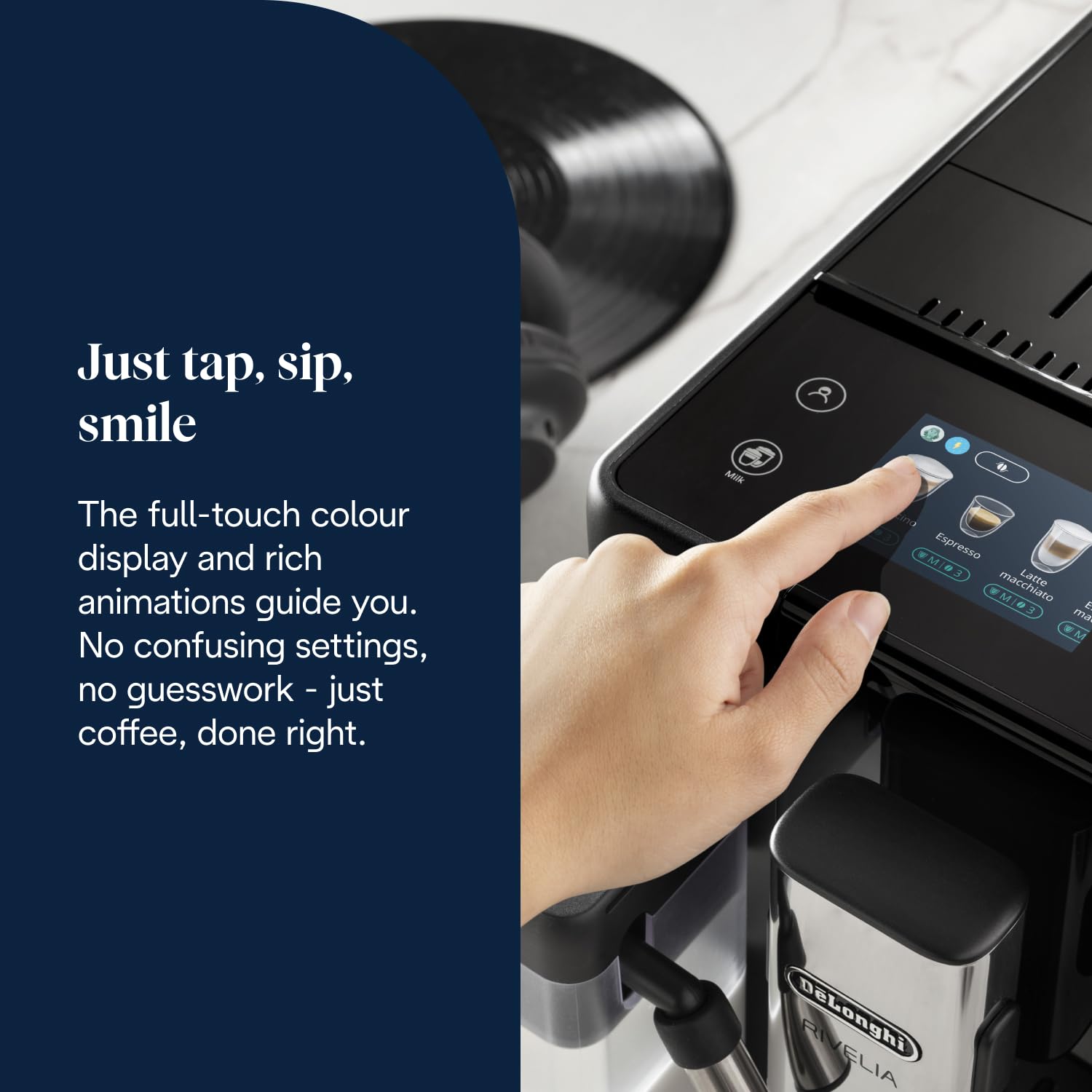 De’Longhi Rivelia - Perfetto Automatic Coffee Machine with LatteCrema Automatic Milk Frothing, 16 One-Touch Drinks, Colour Touch Display, Interchangeable Hoppers, Black (EXAM440.55.B)