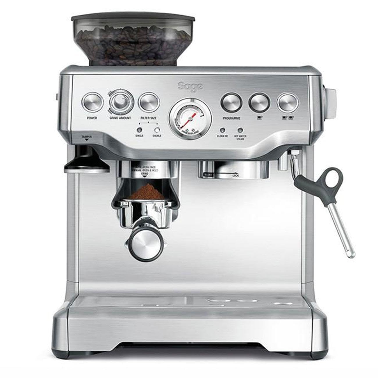 Sage Barista Express, Manual Tamping, Standard Milk Jug, Bean to Cup Coffee Machine with Grinder, Manual Milk Frother, Brushed Stainless Steel