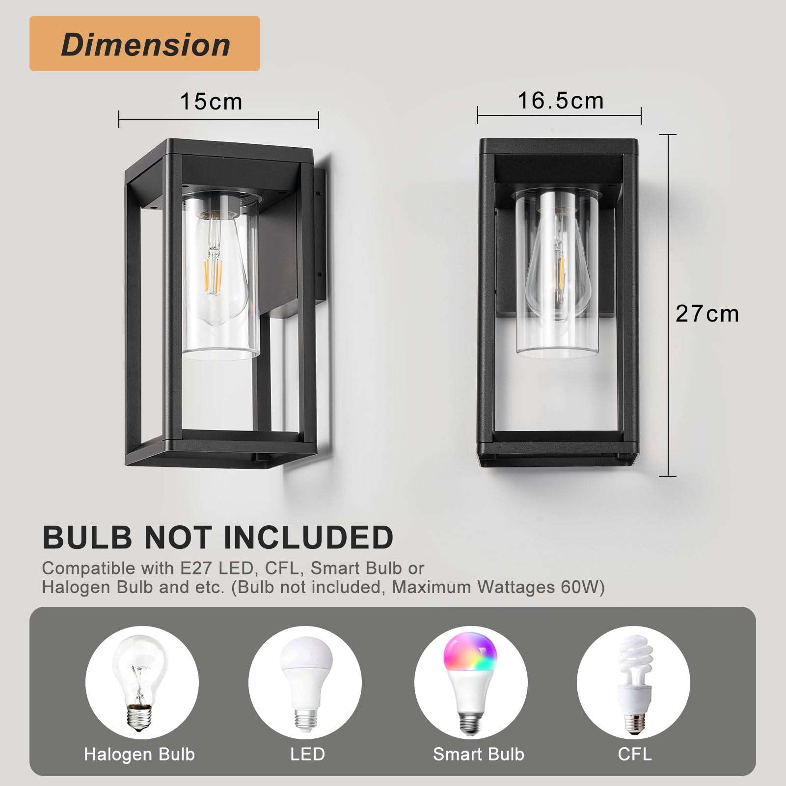 HARPER LIVING Outdoor Wall Lights Lantern Mains Powered, IP65 Weatherproof Black Aluminum, E27 Socket Outside Wall Lamp with Clear Shade, Security Lights for Porch Front Door Garden Patio, Rectangle
