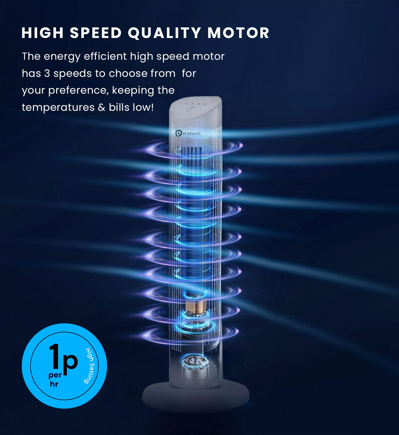 PureMate 31-inch Tower Fan with Oscillating & Aroma Function, 3 Adjustable Speeds, Ultra- Quiet Cooling and Powerful 60W Motor, Portable Bladeless Energy-Efficient Electric Fan for Home and Office