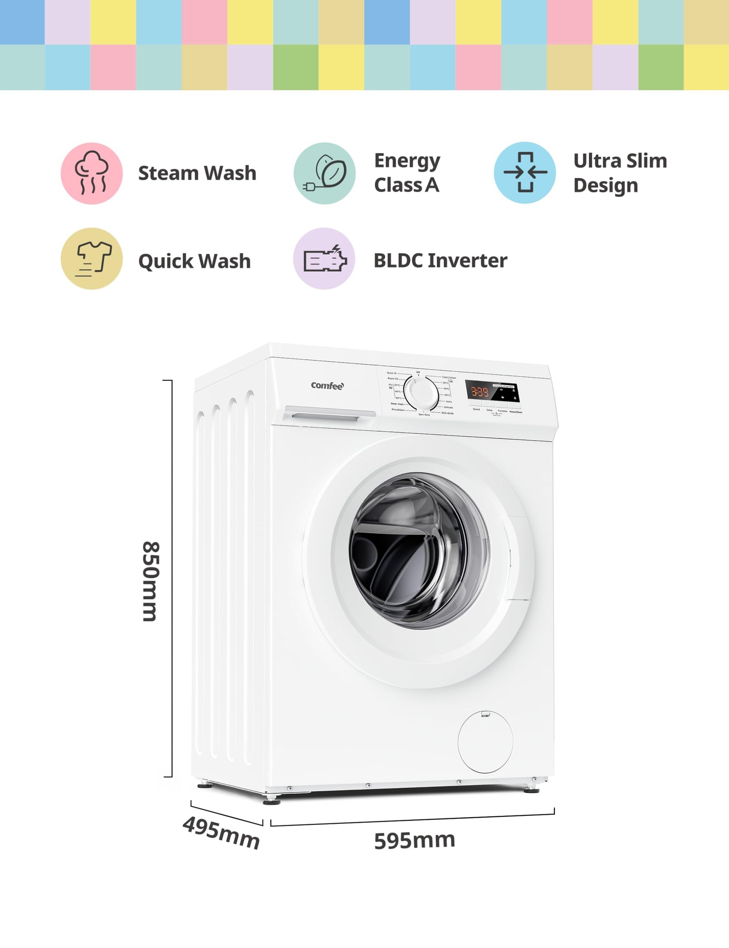 COMFEE' Freestanding Washing Machine,9KG Load,1400RPM,Steam Wash,Slim Design,Quick Wash,BLDC Durable Inverter Motor,White-CFE12EW90/W