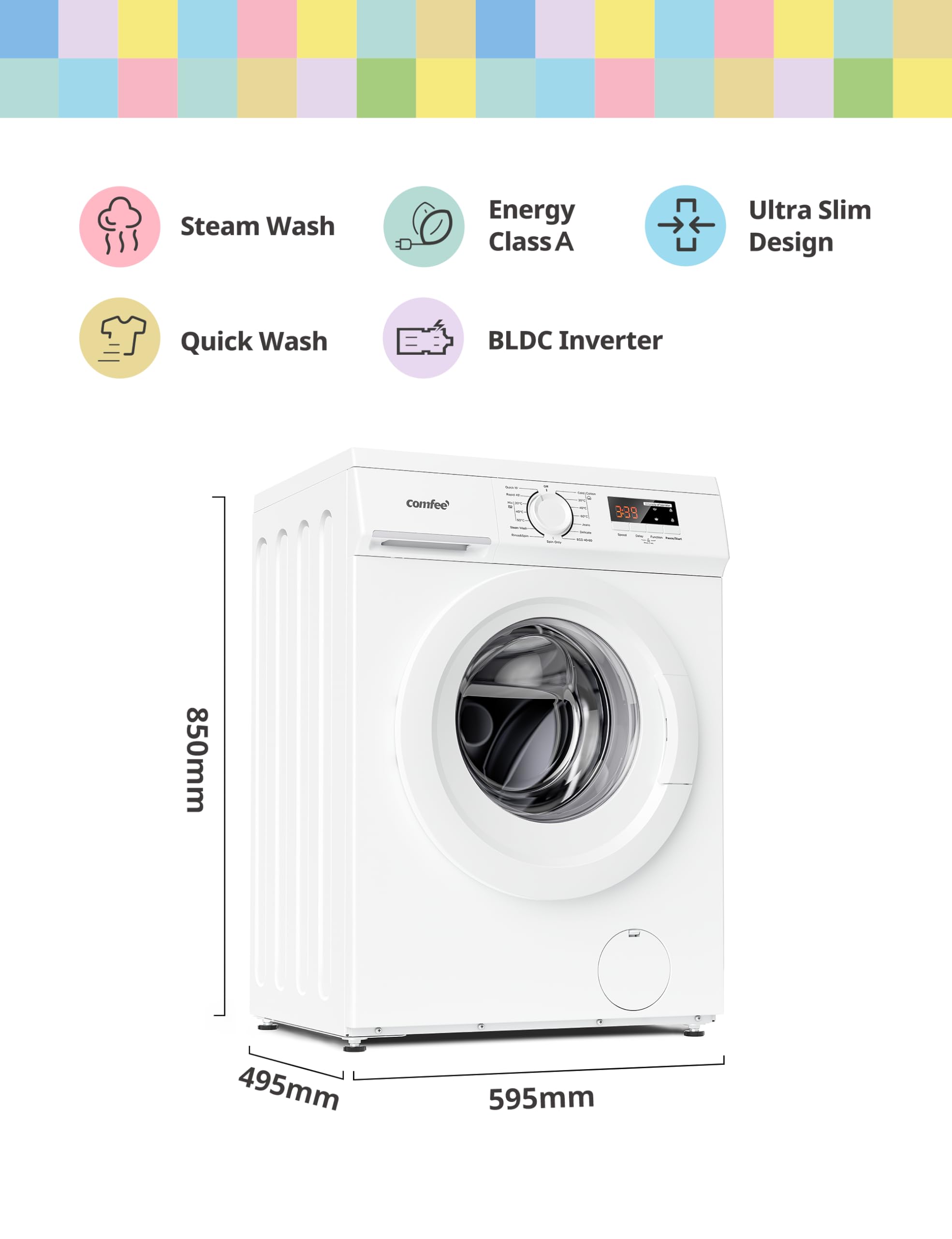 COMFEE' Freestanding Washing Machine,9KG Load,1400RPM,Steam Wash,Slim Design,Quick Wash,BLDC Durable Inverter Motor,White-CFE12EW90/W