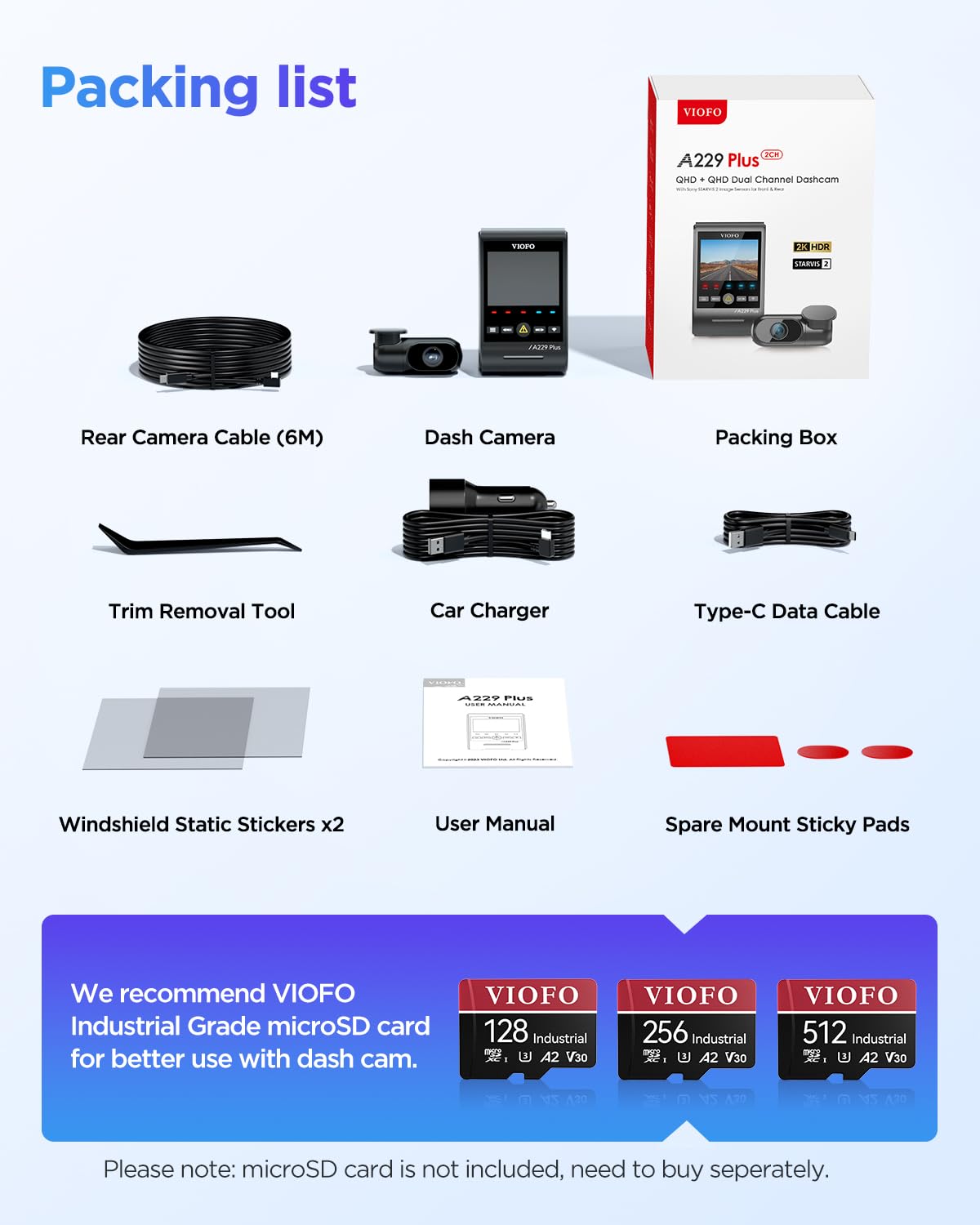 VIOFO A229 Plus 2K + 2K Dual STARVIS 2, HDR Front Rear Dash Cam Car, Voice Control & 5GHz Wi-Fi Car Camera, Ultra-Precise GPS, Super Night Vision 2.0, 2.4" Large LCD, Voice Notification, 512 GB Max
