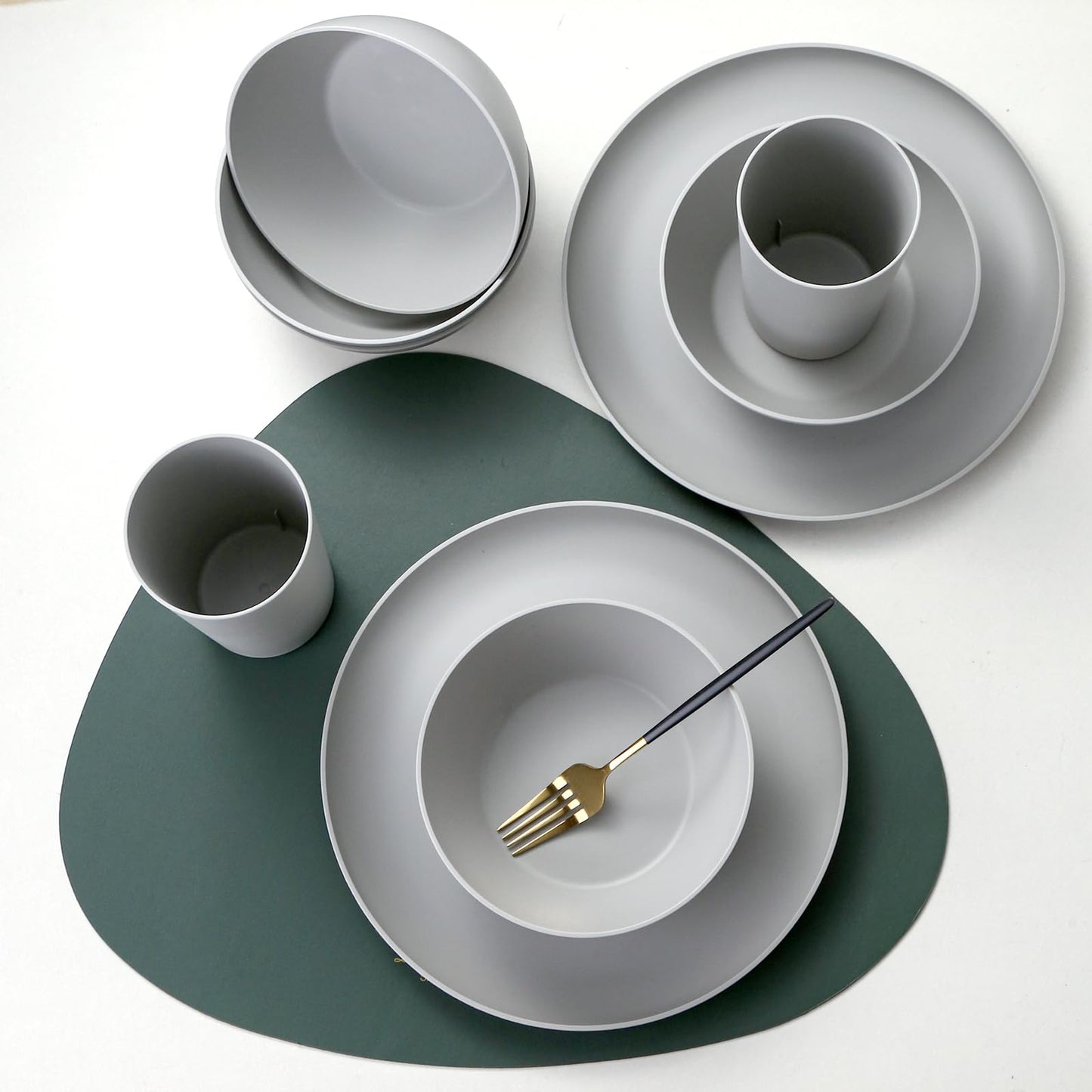 24 Piece Dinnerware Set, Unbreakable Plastic Plates Bowls Cups Set, BPA Free Reusable Tableware for Camping, Picnic, Home, Kitchen, Dishwasher Safe (Grey)