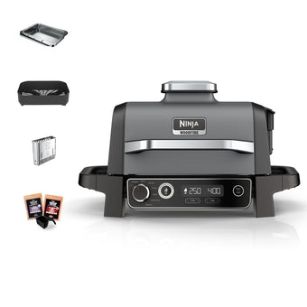compare product Ninja Woodfire Electric BBQ Grill & Smoker, 7-in-1 Outdoor Grill & Air Fryer, Roast, Bake, Dehydrate, Uses Woodfire Pellets, Weather Resistant, Non-Stick, Portable, Electric, Grey/Black, OG701UK