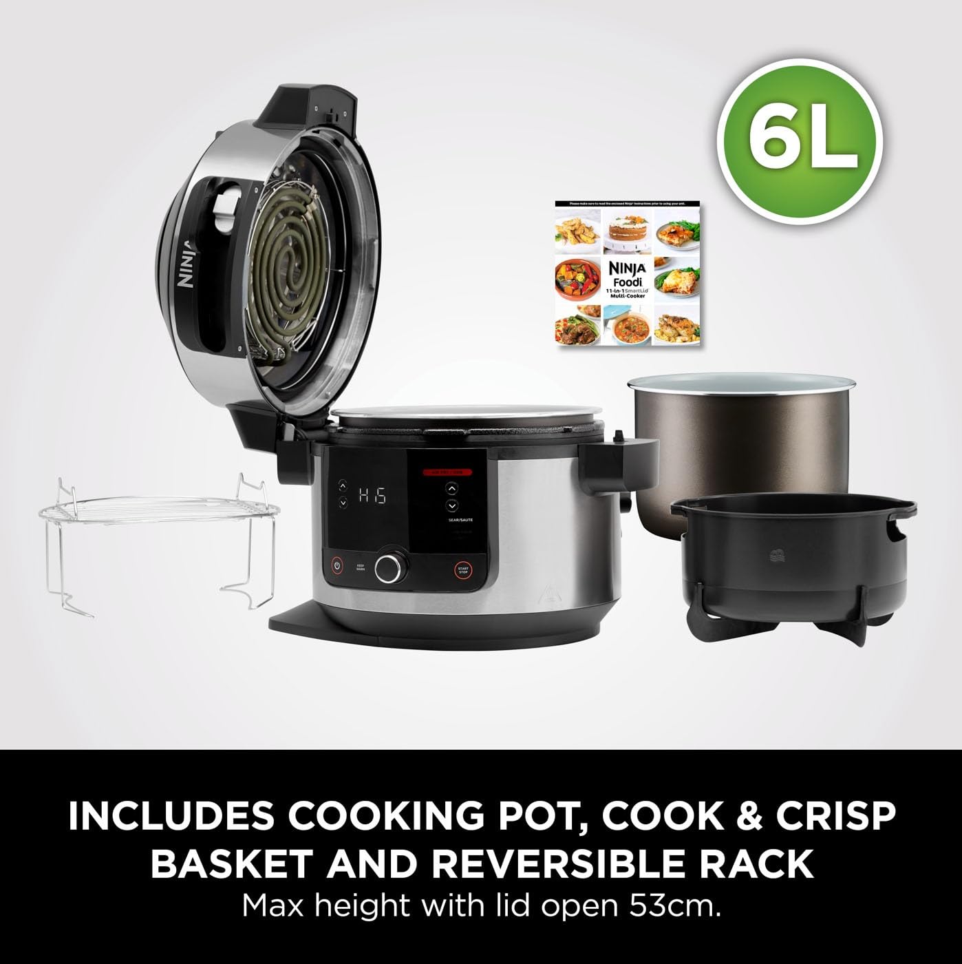 Ninja Foodi 11-in-1 SmartLid Multi-Cooker, 6L, Electric Pressure Cooker & Air Fryer, Layer Mains & Sides with Reversible Rack, Cooks 4 Portions, Dishwasher Safe Parts, Stainless Steel/Black OL550UK