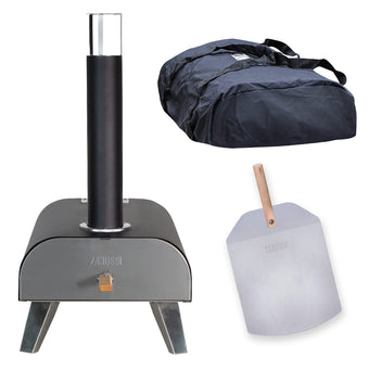 compare product Zanussi ZPO1BPC Outdoor 12 Inch Wood Pellet Portable Wood Fired Pizza Oven with Paddle and Cover in Black, BBQ Oven & Smoker, Stainless Steel Foldable Legs