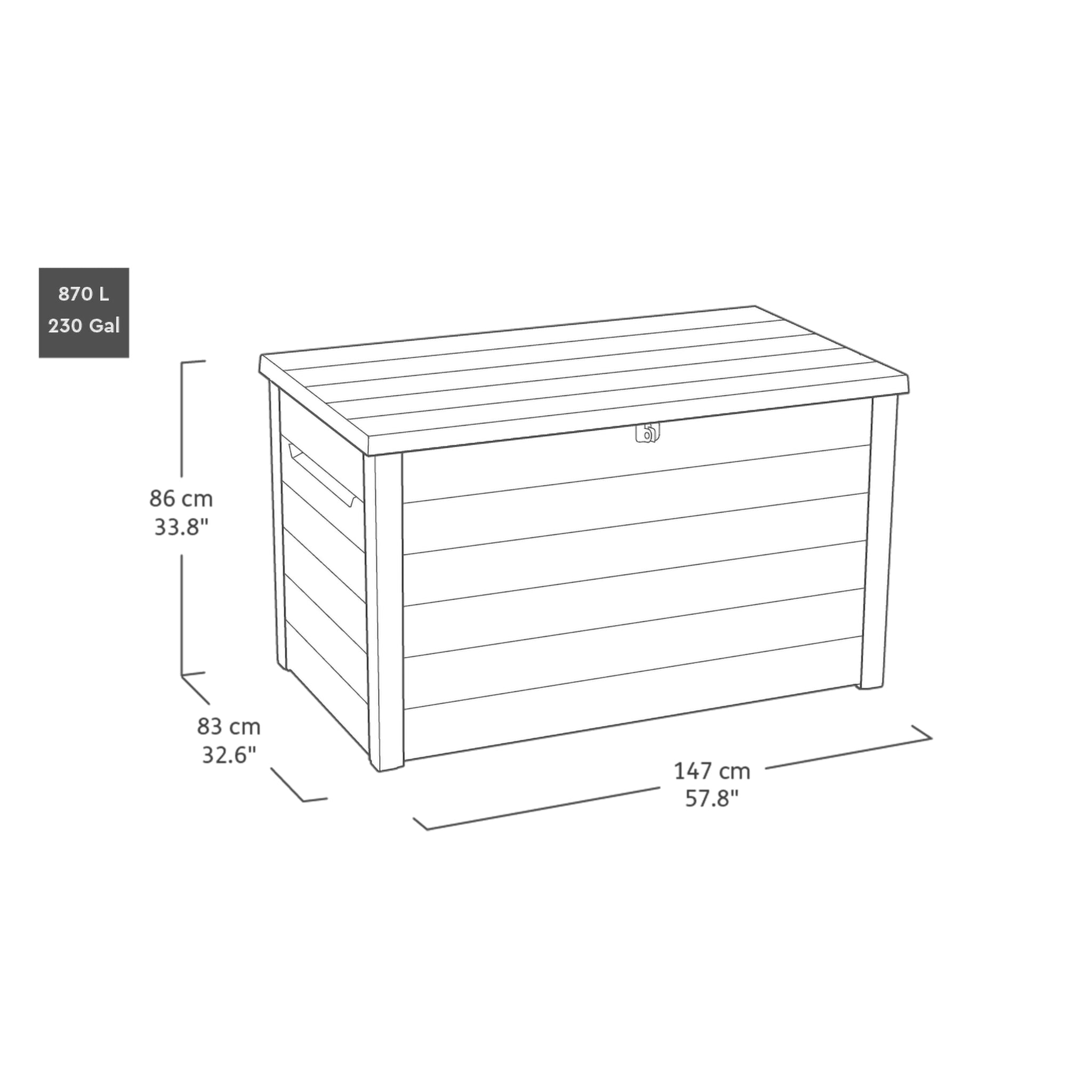 Keter Signature Ontario 870L Outdoor Storage Box – Rosewood | Weather‑Resistant Wood‑Look Storage Box with Lockable Lid, Extra Seating for 2, UV‑Protected Garden Storage