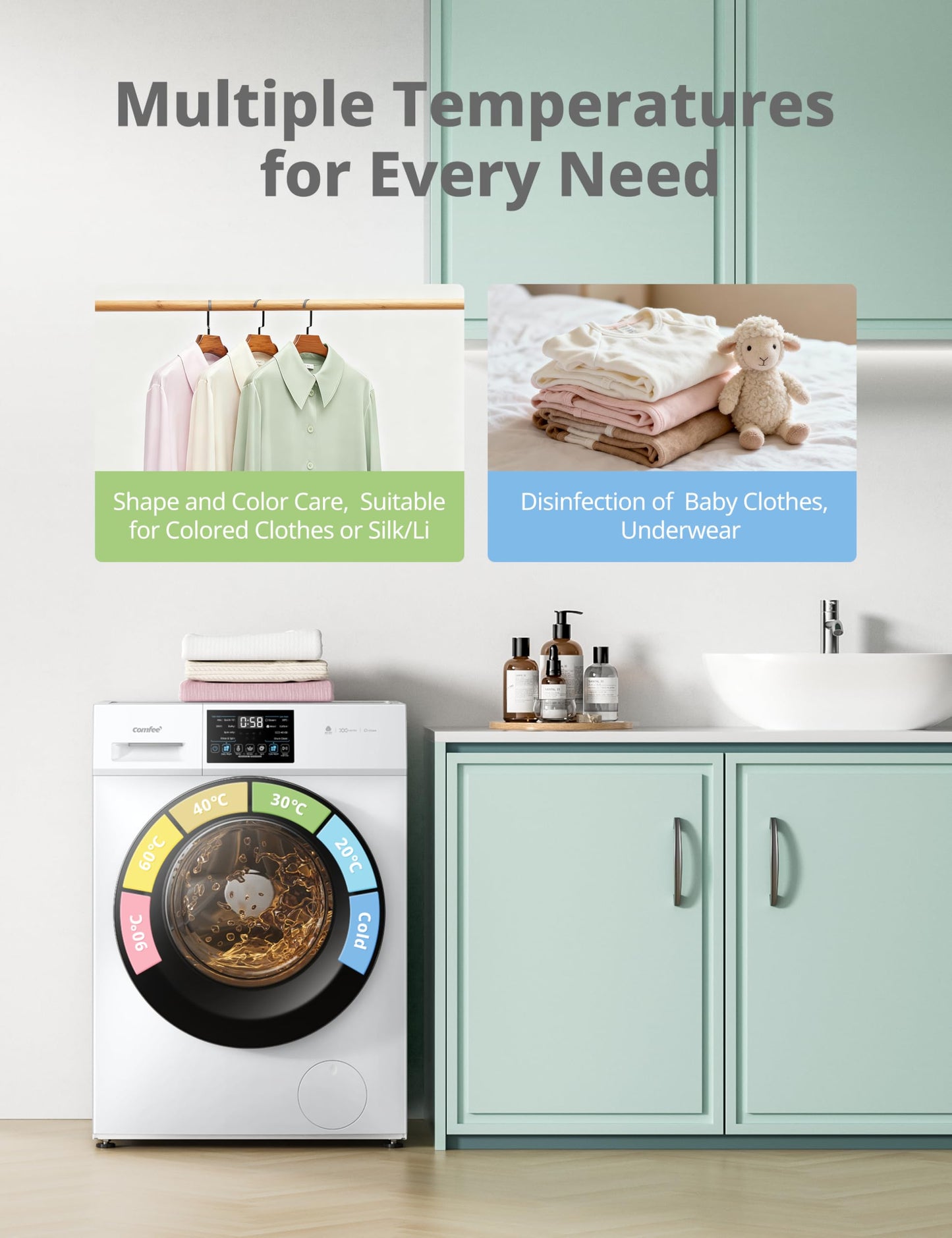 COMFEE' Freestanding Washing Machine,10KG Load,A-10% Class, 1400RPM, Steam Care,BLDC Motor,Woolmark,Touch Panel,White-CFP03EW100W-UK