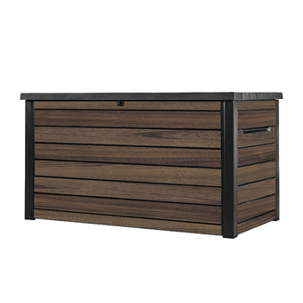 compare product Keter Signature Ontario 870L Outdoor Storage Box – Rosewood | Weather‑Resistant Wood‑Look Storage Box with Lockable Lid, Extra Seating for 2, UV‑Protected Garden Storage