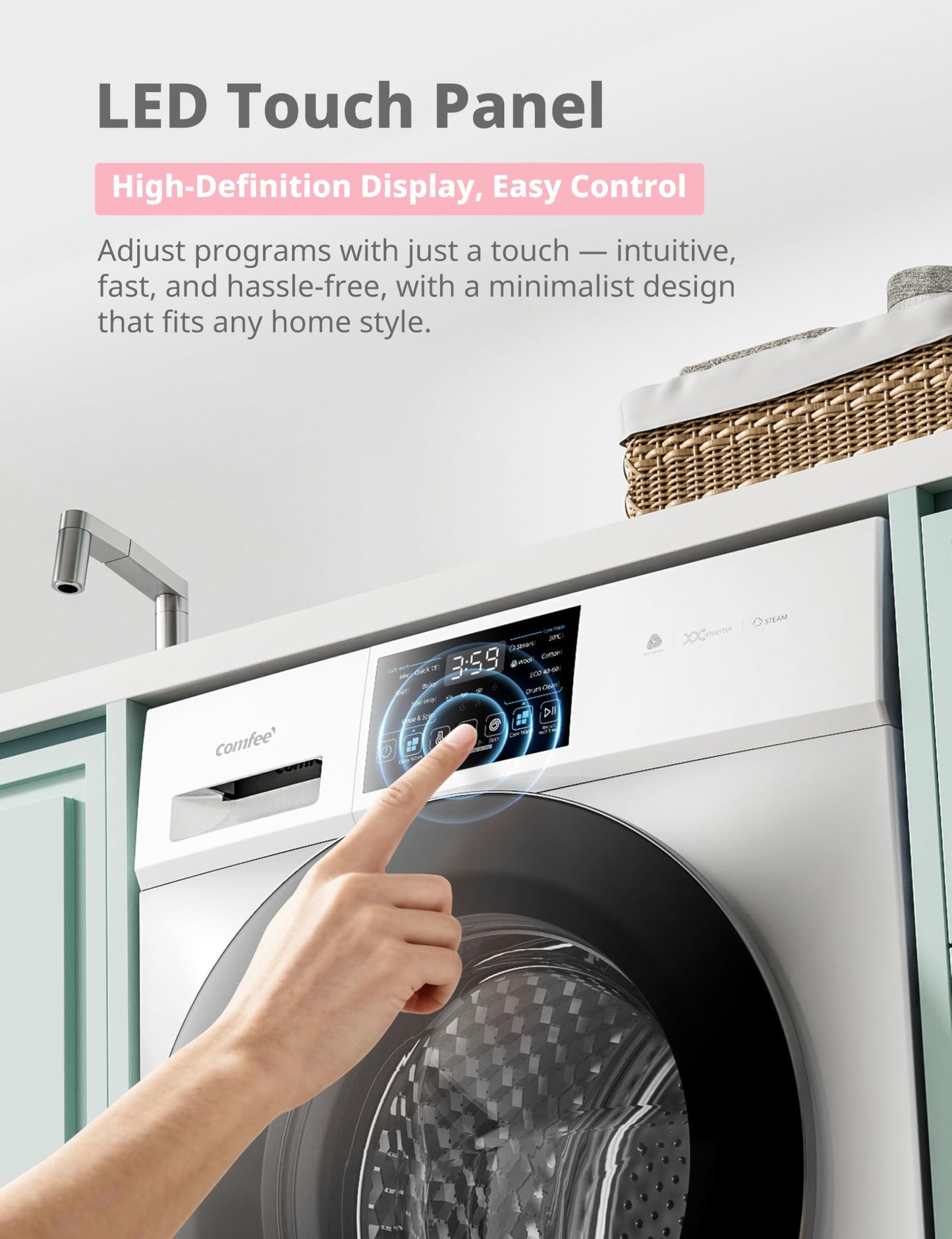 COMFEE' Freestanding Washing Machine,10KG Load,A-10% Class, 1400RPM, Steam Care,BLDC Motor,Woolmark,Touch Panel,White-CFP03EW100W-UK