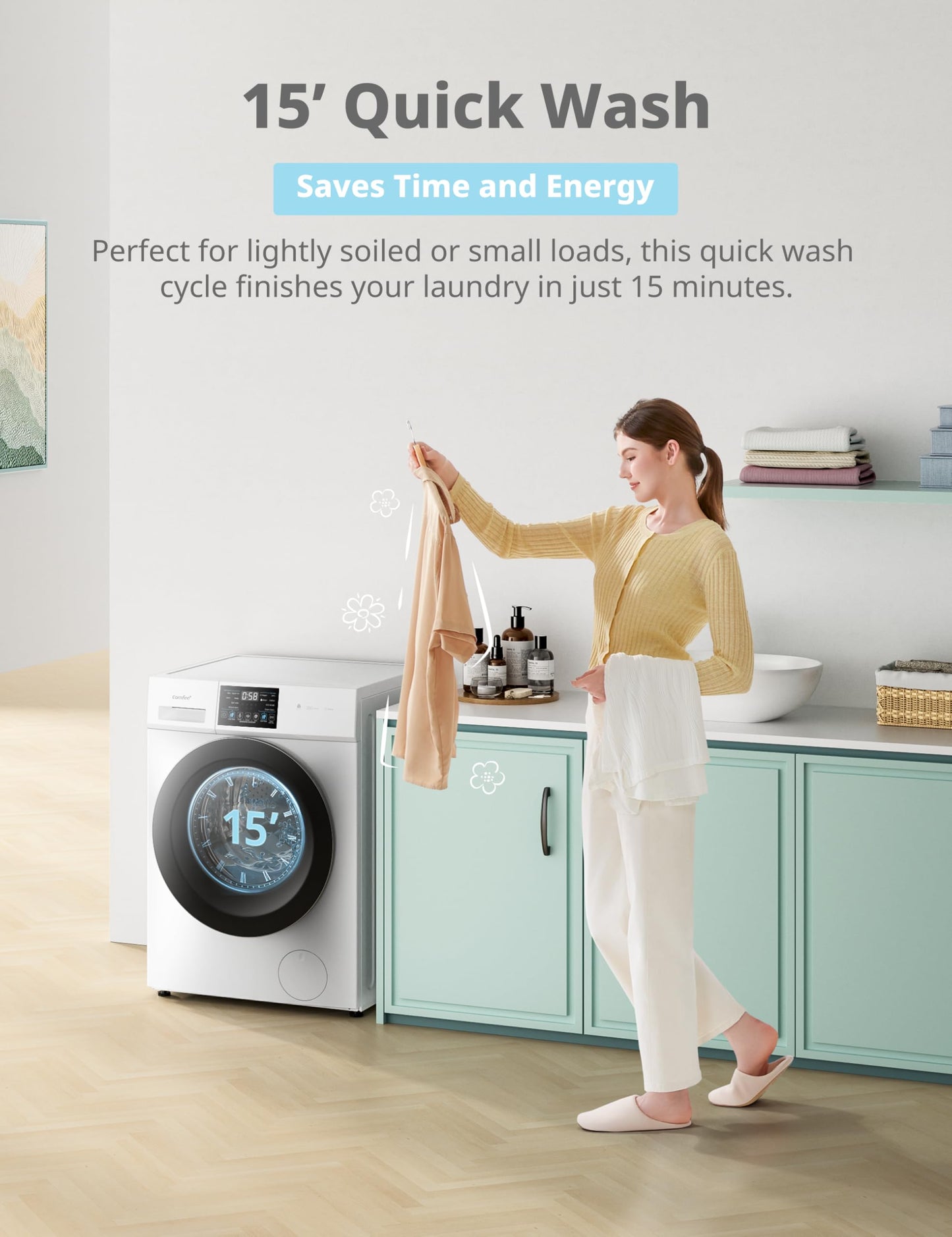 COMFEE' Freestanding Washing Machine,10KG Load,A-10% Class, 1400RPM, Steam Care,BLDC Motor,Woolmark,Touch Panel,White-CFP03EW100W-UK