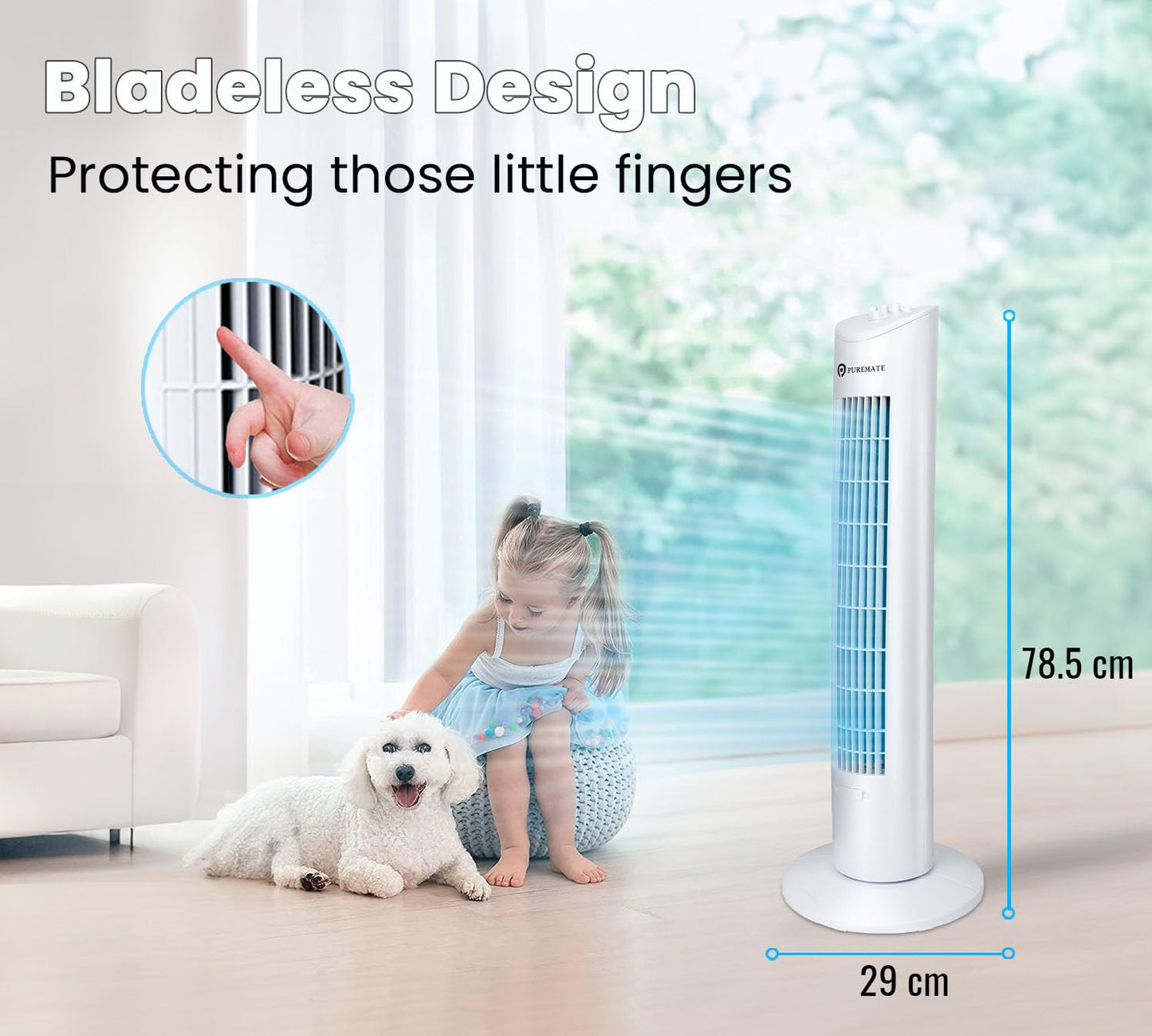 PureMate 31-inch Tower Fan with Oscillating & Aroma Function, 3 Adjustable Speeds, Ultra- Quiet Cooling and Powerful 60W Motor, Portable Bladeless Energy-Efficient Electric Fan for Home and Office