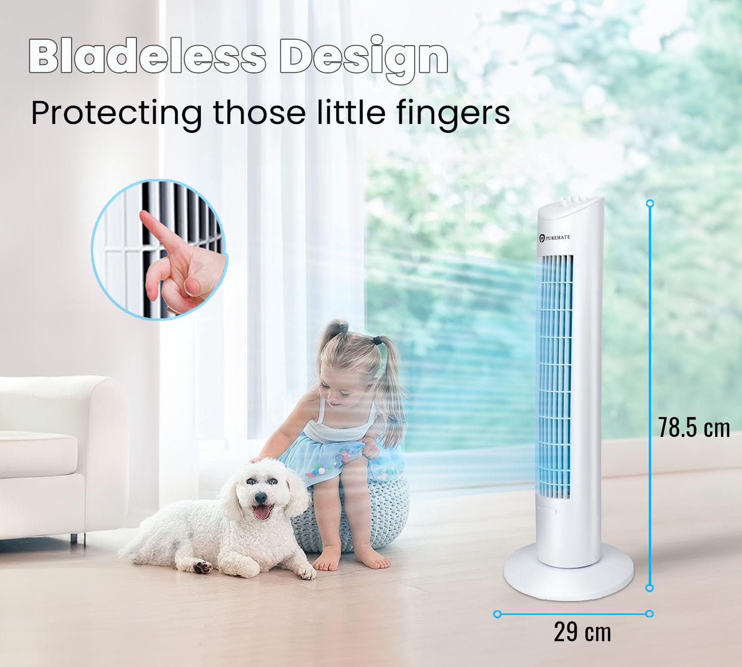 PureMate 31-inch Tower Fan with Oscillating & Aroma Function, 3 Adjustable Speeds, Ultra- Quiet Cooling and Powerful 60W Motor, Portable Bladeless Energy-Efficient Electric Fan for Home and Office