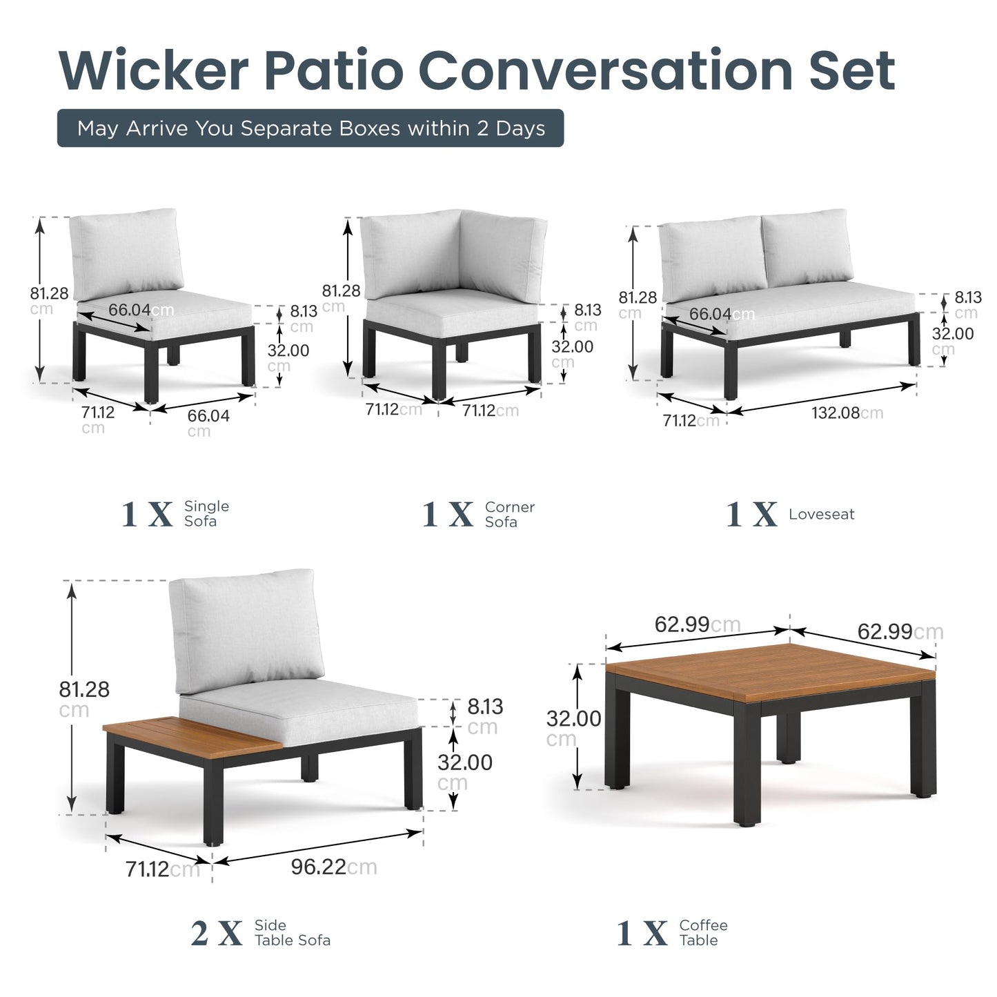 PHI VILLA 6 Seater Metal Garden Furniture Sets, L Shaped Modular Outdoor Corner Sofa Set All Weather for Patio with Cushions and Coffee Table, Beige-Gray