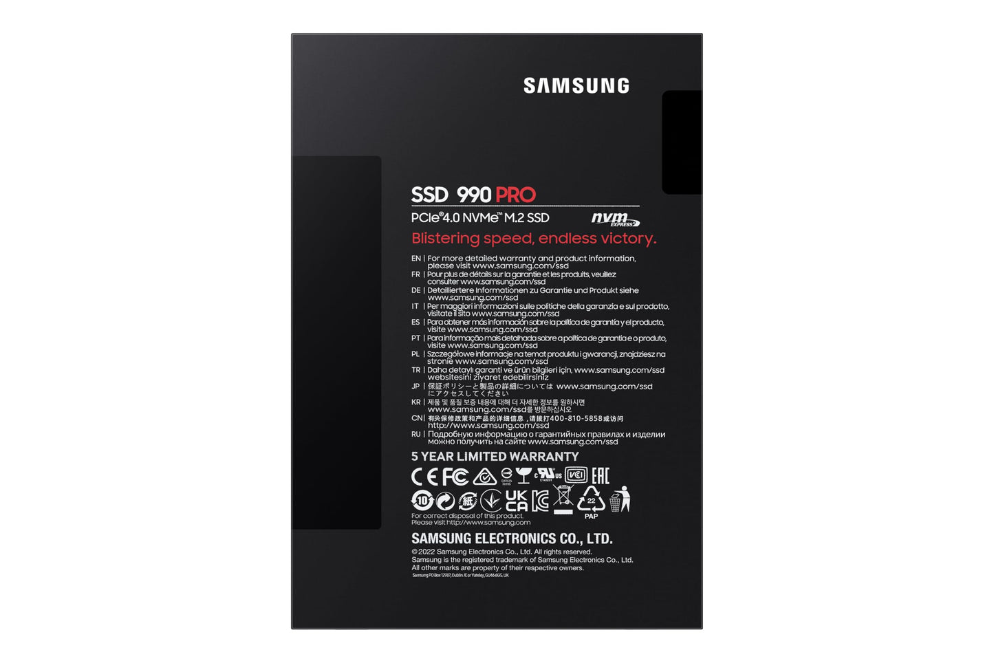 Samsung 990 PRO NVMe M.2 SSD, 4 TB, PCIe 4.0, 7,450 MB/s read, 6,900 MB/s write, Internal SSD, For gaming and video editing, MZ-V9P4T0BW