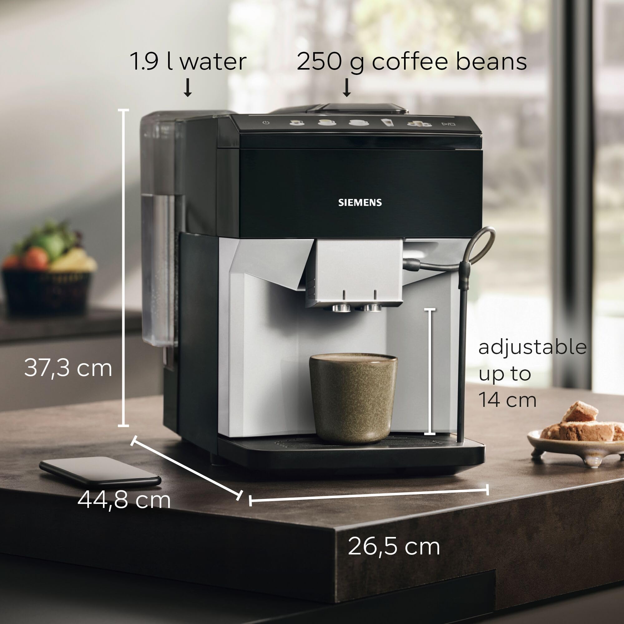 SIEMENS EQ500 Fully Automatic Bean to Cup Coffee Machine with coffeeSelect Display, oneTouch DoubleCup, 9 Coffee Beverages, autoMilk Clean, TP515GB1, Silver/Piano Black