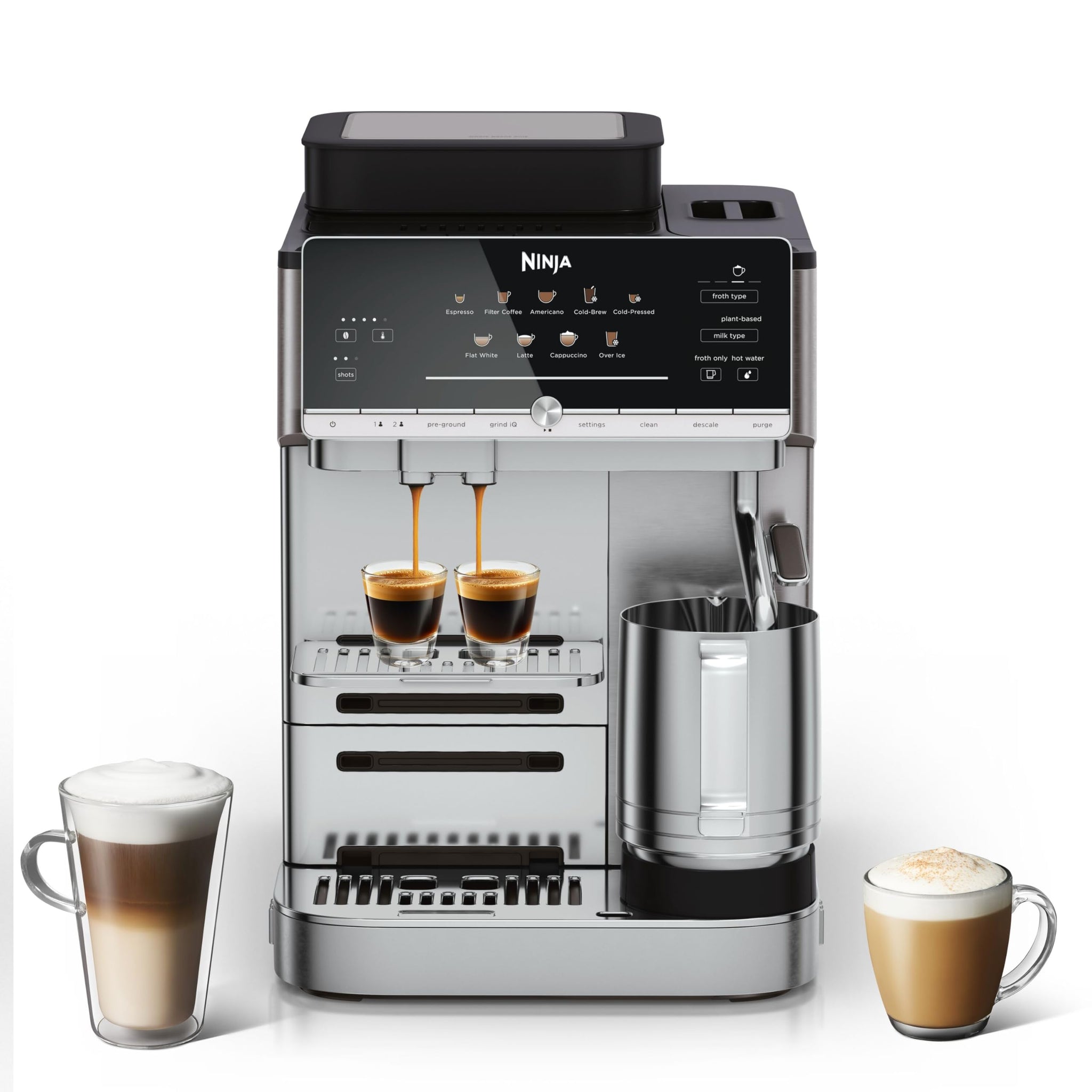 Ninja AutoBarista Automatic Espresso, Filter Coffee and Cold Brew Machine, 10 Drink Programs and 4 Milk Froth Presets, 250g Hopper, Dishwasher Safe Removable Parts, Silver AE1001UK