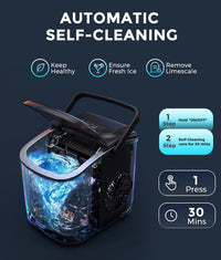 ecozy Ice Maker Machine Countertop, 9 Ice Cubes in 6 Mins, 12KG in 24Hrs, 2 Sizes of Ice, Self-Cleaning with Ice Bags, Scoop, and Basket for Kitchen, Office, Bar, Party