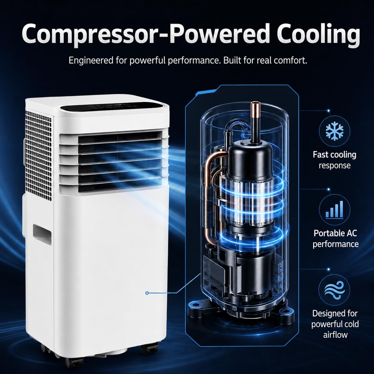 Portable Air Conditioner, 3-in-1 Mobile AC Unit with Cooling Fan and Dehumidifier, Compressor Air Conditioning Unit with Exhaust Hose for Bedroom, Living Room, Home Office and Small Rooms