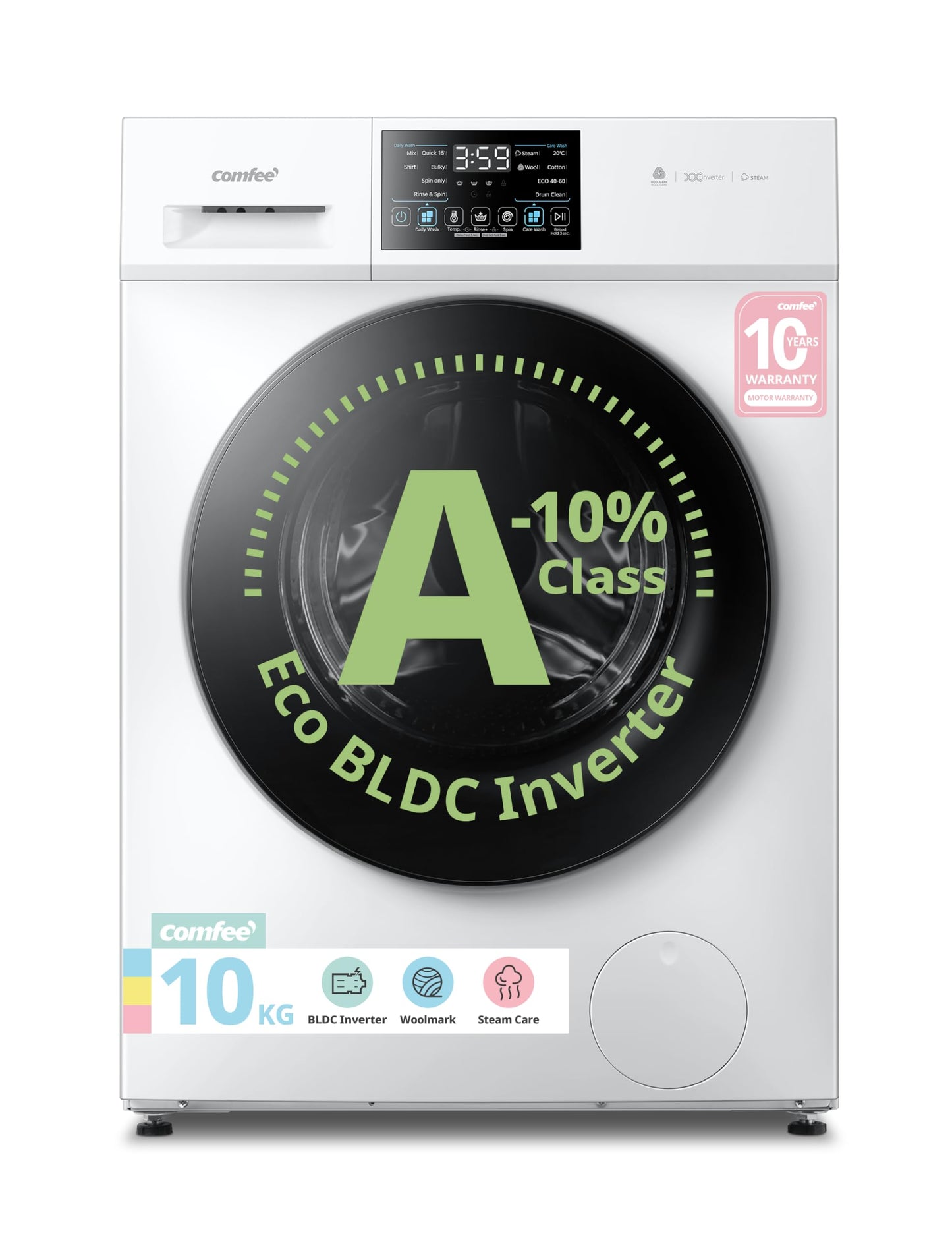 COMFEE' Freestanding Washing Machine,10KG Load,A-10% Class, 1400RPM, Steam Care,BLDC Motor,Woolmark,Touch Panel,White-CFP03EW100W-UK