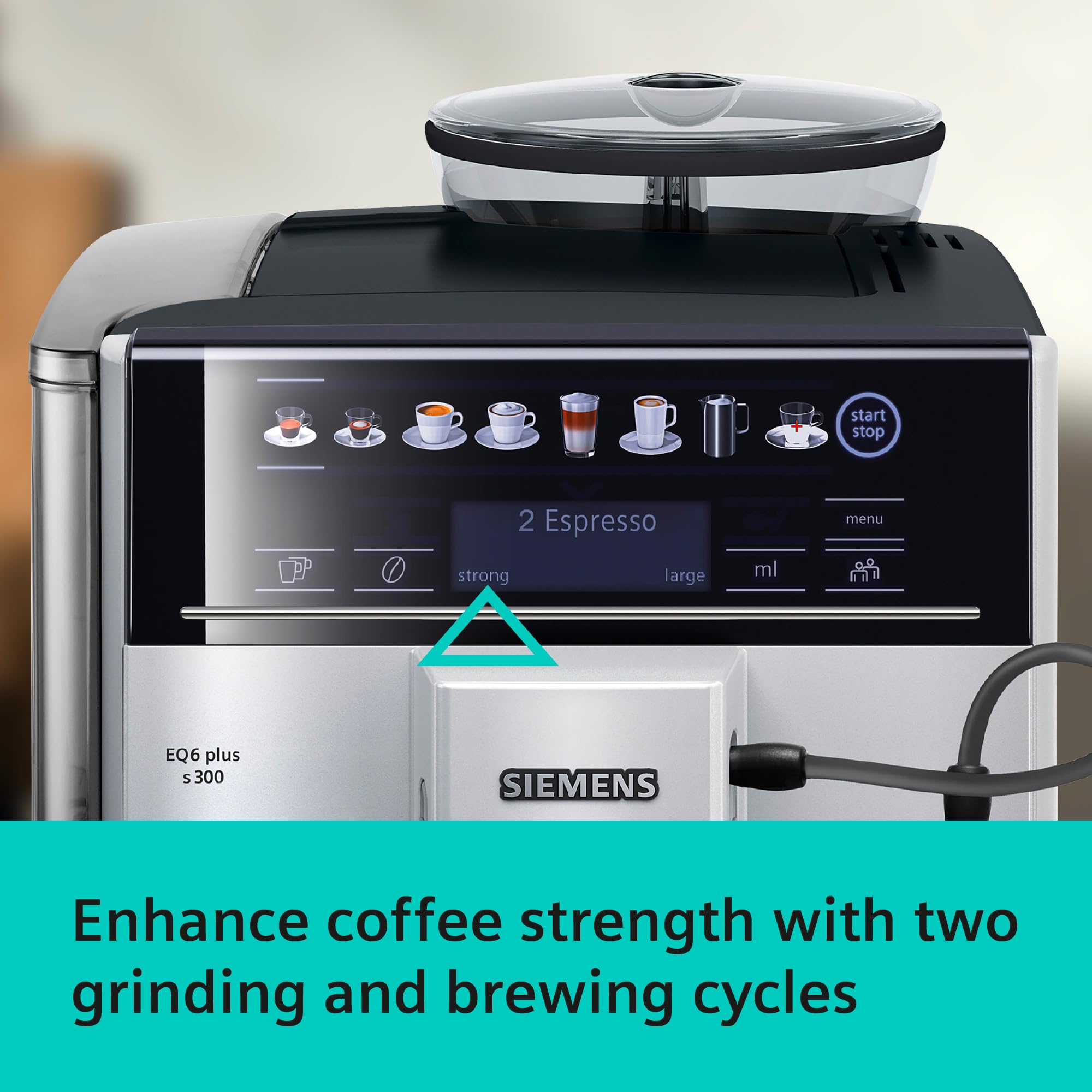 SIEMENS EQ6 plus S300, Fully Automatic Bean to Cup Espresso Coffee Machine with Cappuccinatore milk system, 11 beverages, Ceramic Grinder, Large Touchscreen Display, TE653M11GB, Titanium
