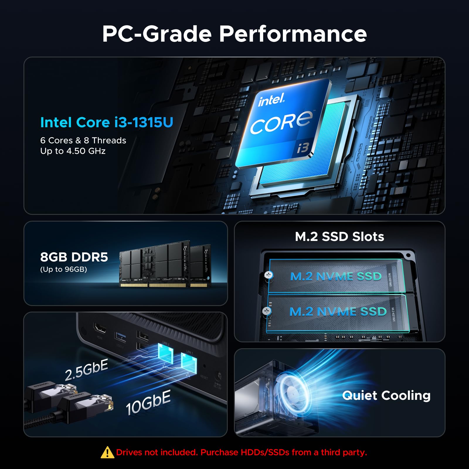 UGREEN NAS DXP4800 Pro 4-Bay Desktop NAS with HDMI Cable, Intel® Core™ i3-1315U 6-Core CPU, 8GB DDR5 RAM, 128G SSD, 1x 10GbE, 1x 2.5GbE, 2X M.2 NVMe Slots, 4K HDMI, Network Attached Storage (Diskless)