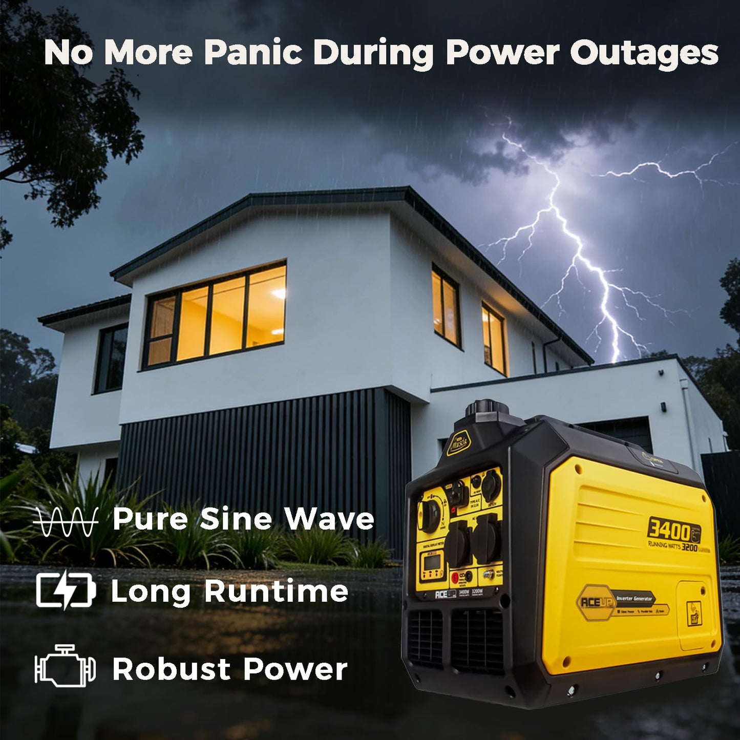 Aceup Energy 3400 Watt Generator Silent Inverter Petrol Powered Pure Sine Wave Generator Portable for Home, Camping, RV, EURO-V, CE
