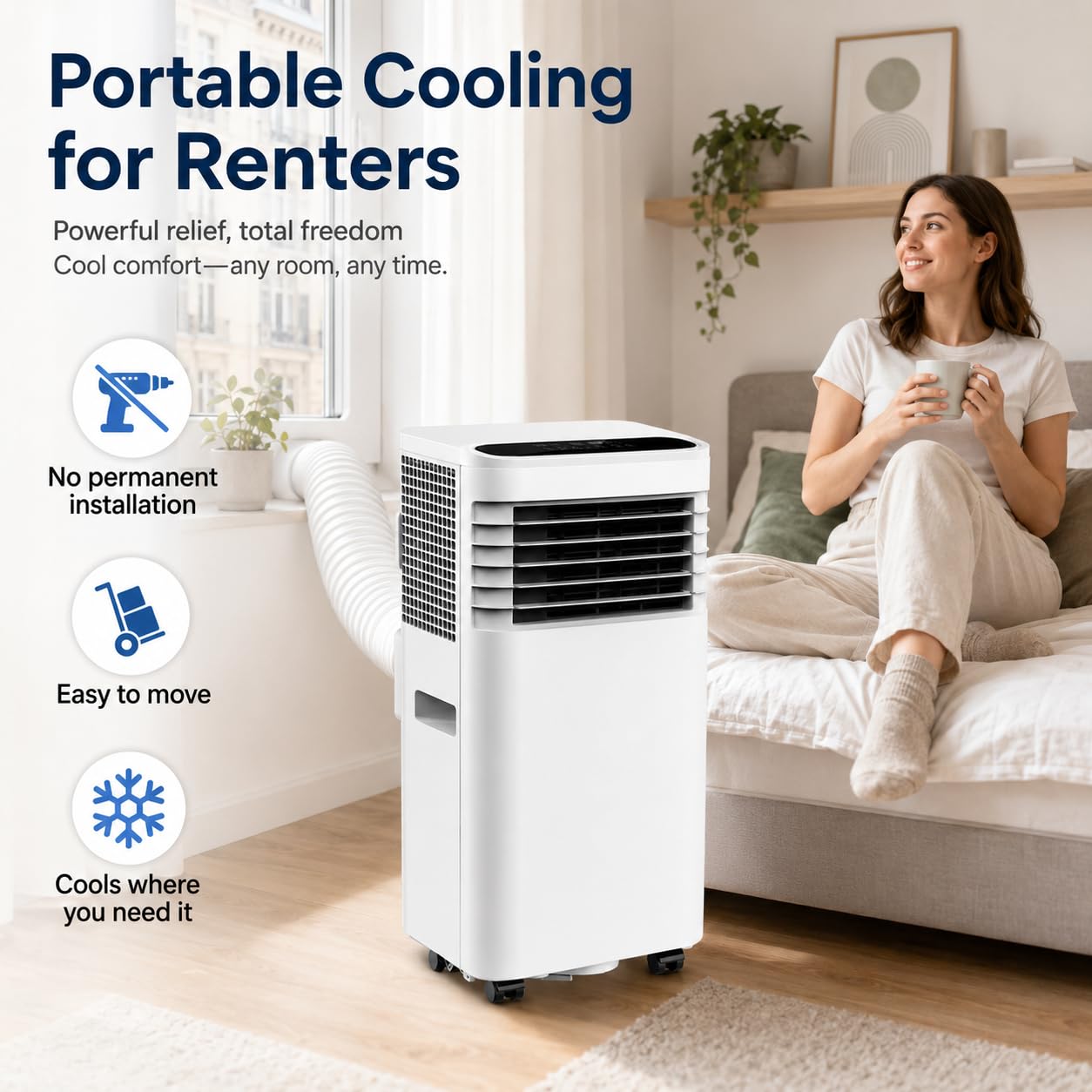 Portable Air Conditioner, 3-in-1 Mobile AC Unit with Cooling Fan and Dehumidifier, Compressor Air Conditioning Unit with Exhaust Hose for Bedroom, Living Room, Home Office and Small Rooms