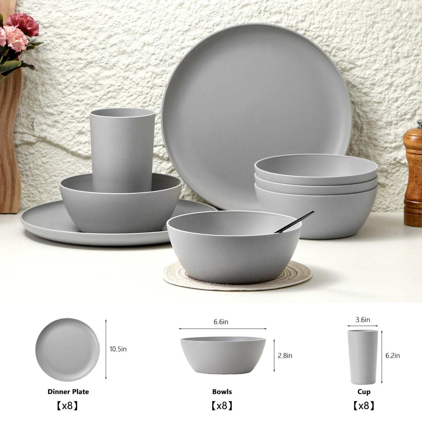 24 Piece Dinnerware Set, Unbreakable Plastic Plates Bowls Cups Set, BPA Free Reusable Tableware for Camping, Picnic, Home, Kitchen, Dishwasher Safe (Grey)