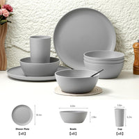 24 Piece Dinnerware Set, Unbreakable Plastic Plates Bowls Cups Set, BPA Free Reusable Tableware for Camping, Picnic, Home, Kitchen, Dishwasher Safe (Grey)
