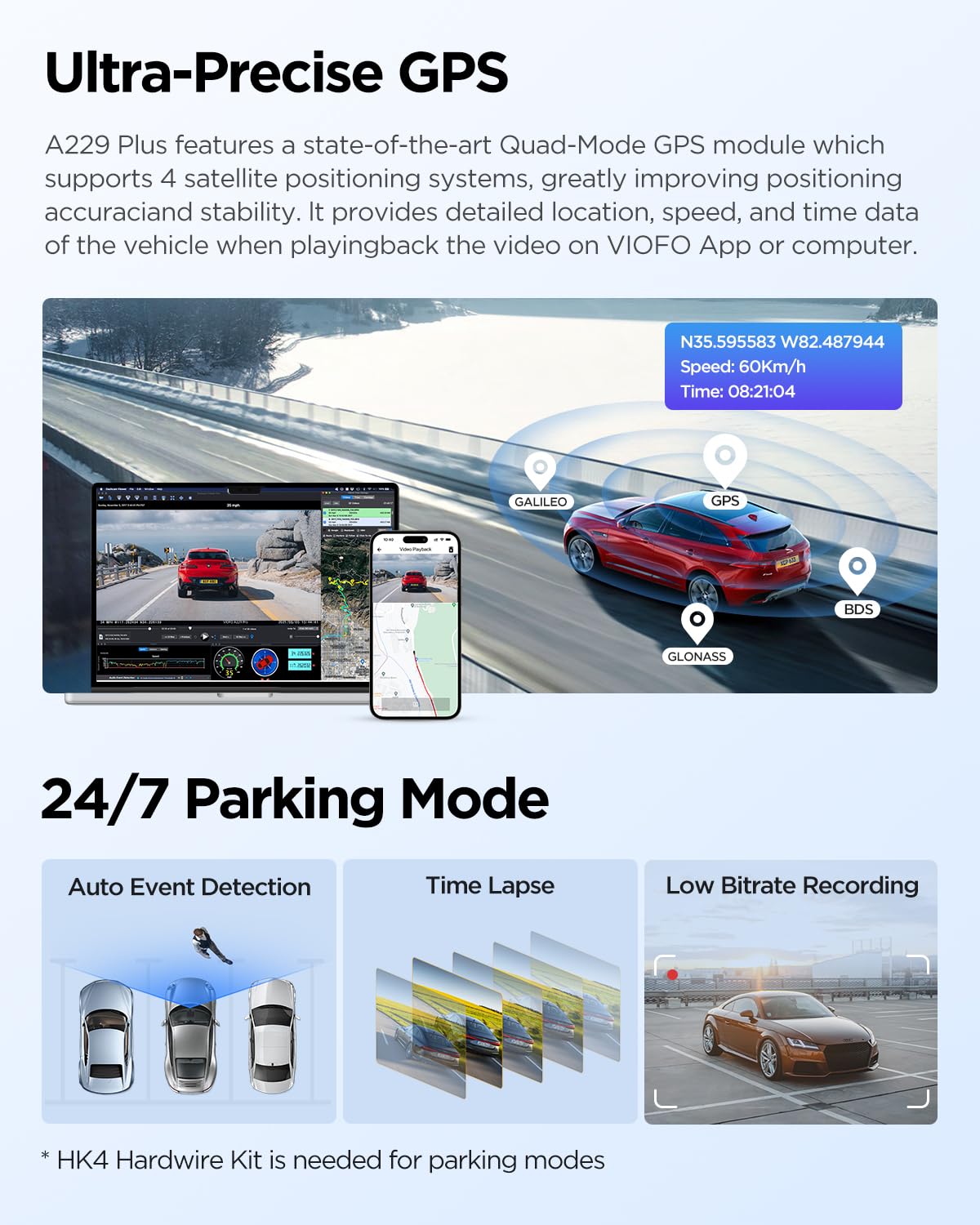 VIOFO A229 Plus 2K + 2K Dual STARVIS 2, HDR Front Rear Dash Cam Car, Voice Control & 5GHz Wi-Fi Car Camera, Ultra-Precise GPS, Super Night Vision 2.0, 2.4" Large LCD, Voice Notification, 512 GB Max