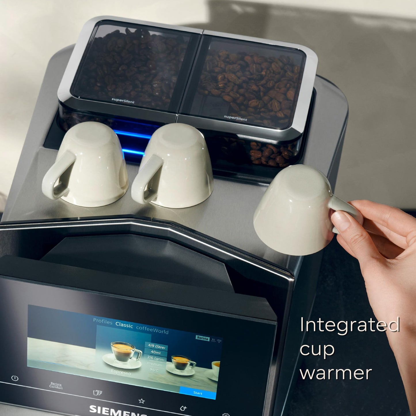 SIEMENS EQ900 Plus Fully Automatic Bean to Cup Coffee Machine, 6.8" Touch Screen Display, Auto Descaling/Cleaning, dual bean containers, baristaMode, beanIdent System, Home Connect, TQ907GZ3