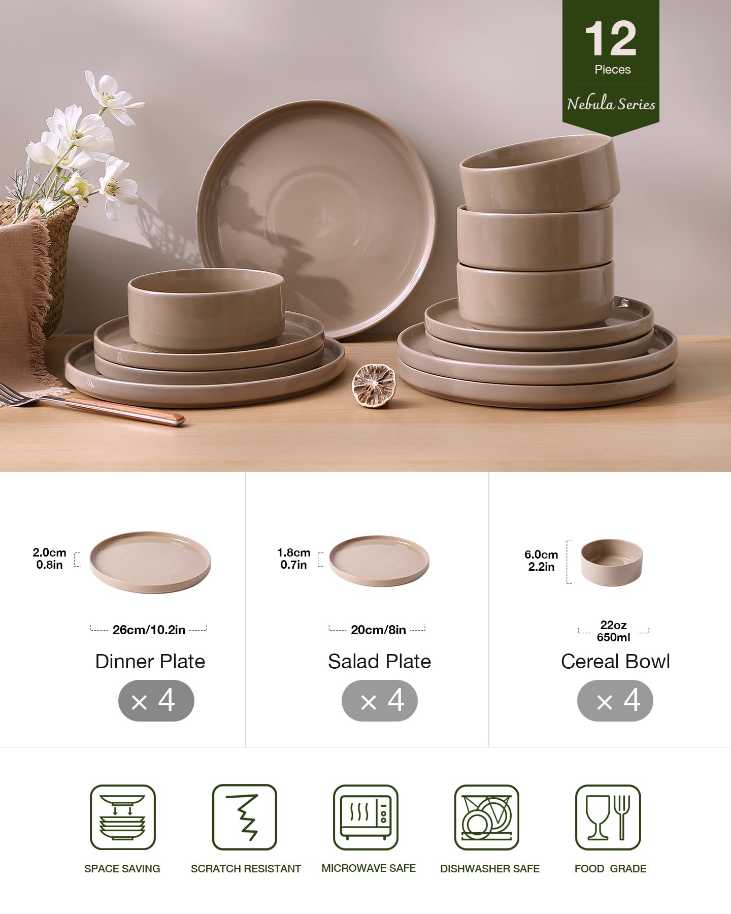 Richmount Nebula Plates and Bowls Set, 12PC Speckled Stoneware Plate Set, Scratch Resistant Dinnerware Sets, Dishwasher & Microwave Safe, Dining Plates and Bowls Sets, Brown