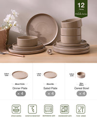 Richmount Nebula Plates and Bowls Set, 12PC Speckled Stoneware Plate Set, Scratch Resistant Dinnerware Sets, Dishwasher & Microwave Safe, Dining Plates and Bowls Sets, Brown
