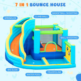 Inflatable Bouncy Castle Water Park with Slide Sprayer Trampoline Climbing Wall & Basketball Hoop, Includes Air Blower, Outdoor Indoor Bounce House for Kids Toddlers, Holds Up to 5 Children