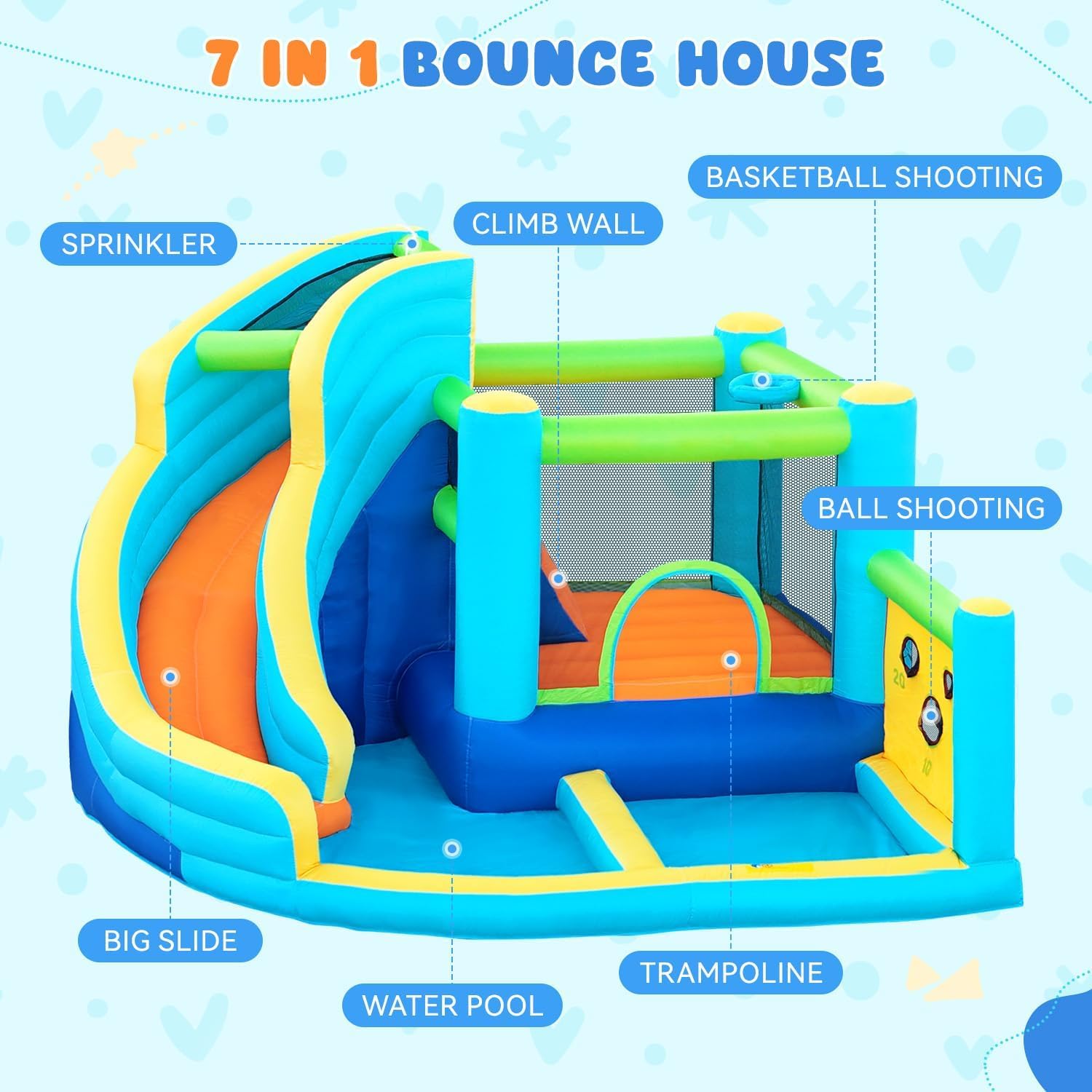 Inflatable Bouncy Castle Water Park with Slide Sprayer Trampoline Climbing Wall & Basketball Hoop, Includes Air Blower, Outdoor Indoor Bounce House for Kids Toddlers, Holds Up to 5 Children