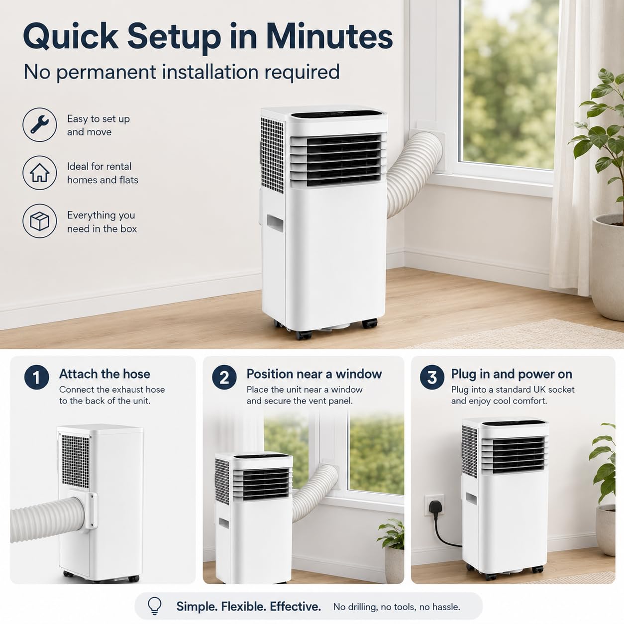 Portable Air Conditioner, 3-in-1 Mobile AC Unit with Cooling Fan and Dehumidifier, Compressor Air Conditioning Unit with Exhaust Hose for Bedroom, Living Room, Home Office and Small Rooms