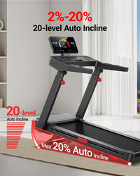 Treadmills for Home with 20% Auto Incline, 14KM/H Foldable Treadmill with Handles, Running Machine for Heavy People, 180KG Weight Capacity, Large Running Belt and Intelligent LED Touch Screen