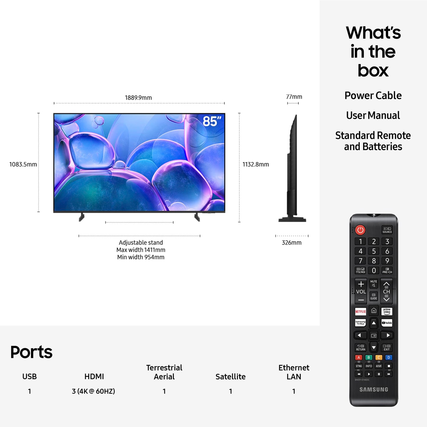 Samsung Crystal UHD 85" U7000F, Crystal Processor 4k, 4k Upscaling, Object Tracking Sound Lite, One UI Tizen, Smart TV, 2025