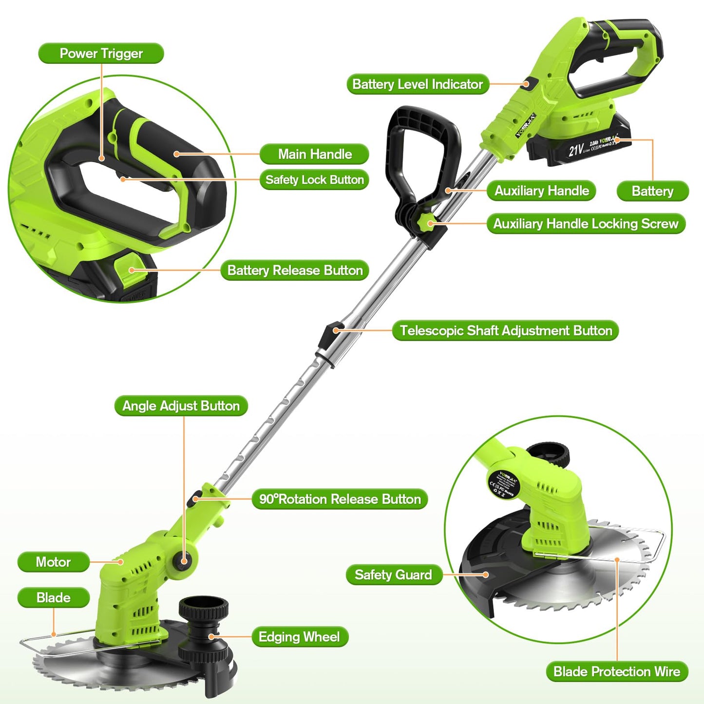 VOERJIA Cordless Strimmer Lightweight 750W with LCD Battery Display, Grass Trimmer and Brush Cutter with 2 x 2.0Ah Battery and Charger, 14-Piece 4-in-1 Garden Kit (Pro Edition)