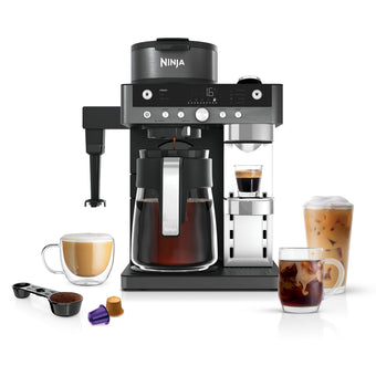 compare product Ninja Prestige 2-in-1 Filter Coffee and Pod Capsule Machine with Built-in Milk Frother, Make Lattes, Iced Coffee and Flat Whites, Gunmetal CFN802UKGM