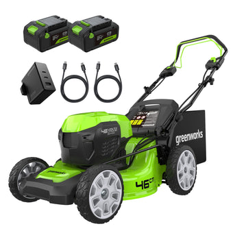 compare product Greenworks 48V (2x24V) Self Propelled Cordless Lawnmower for Large Lawns up to 480m2, 46cm Cutting Width, 55LBag PLUS Two 4Ah Batteries and Twin Charger, 3 Year Guarantee GD24X2LM46SPK4X
