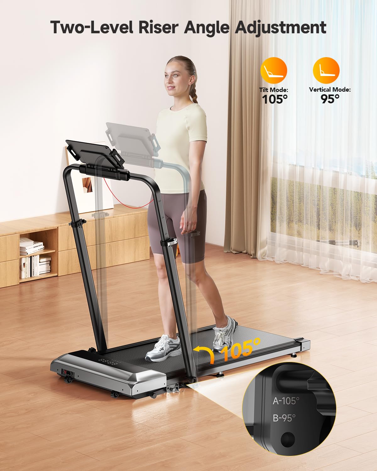 1%-6%-12% Incline Folding Treadmill with 115 CM Retractable Handrail, 95°-105° Adjustable Tilt Angle, 6 in 1 Compact Treadmills for Home/Office (Silver Black)