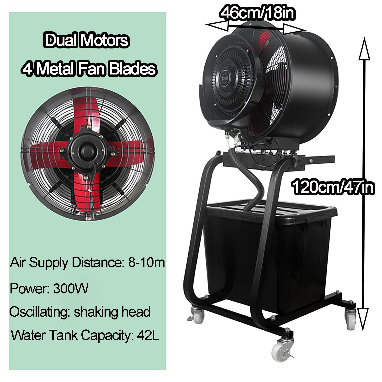Industrial Misting Fan with 42L Water Tank, 300W Metal Blades, 26-33ft Range for Workshop, Patio, Warehouse Cooling