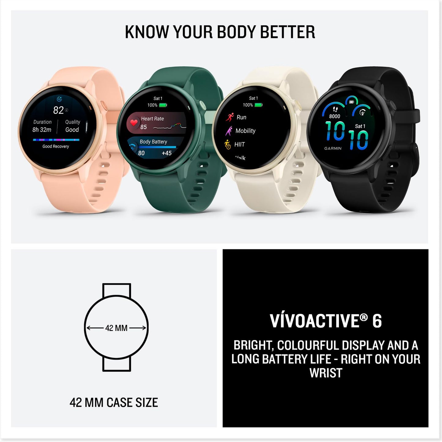 Garmin vívoactive 6, 42mm GPS smartwatch, AMOLED touchscreen, all-day health monitoring, personalised fitness features, advanced sleep coaching, Music, up to 11 days battery life, Bone/Lunar Gold