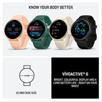 Garmin vívoactive 6, 42mm GPS smartwatch, AMOLED touchscreen, all-day health monitoring, personalised fitness features, advanced sleep coaching, Music, up to 11 days battery life, Bone/Lunar Gold