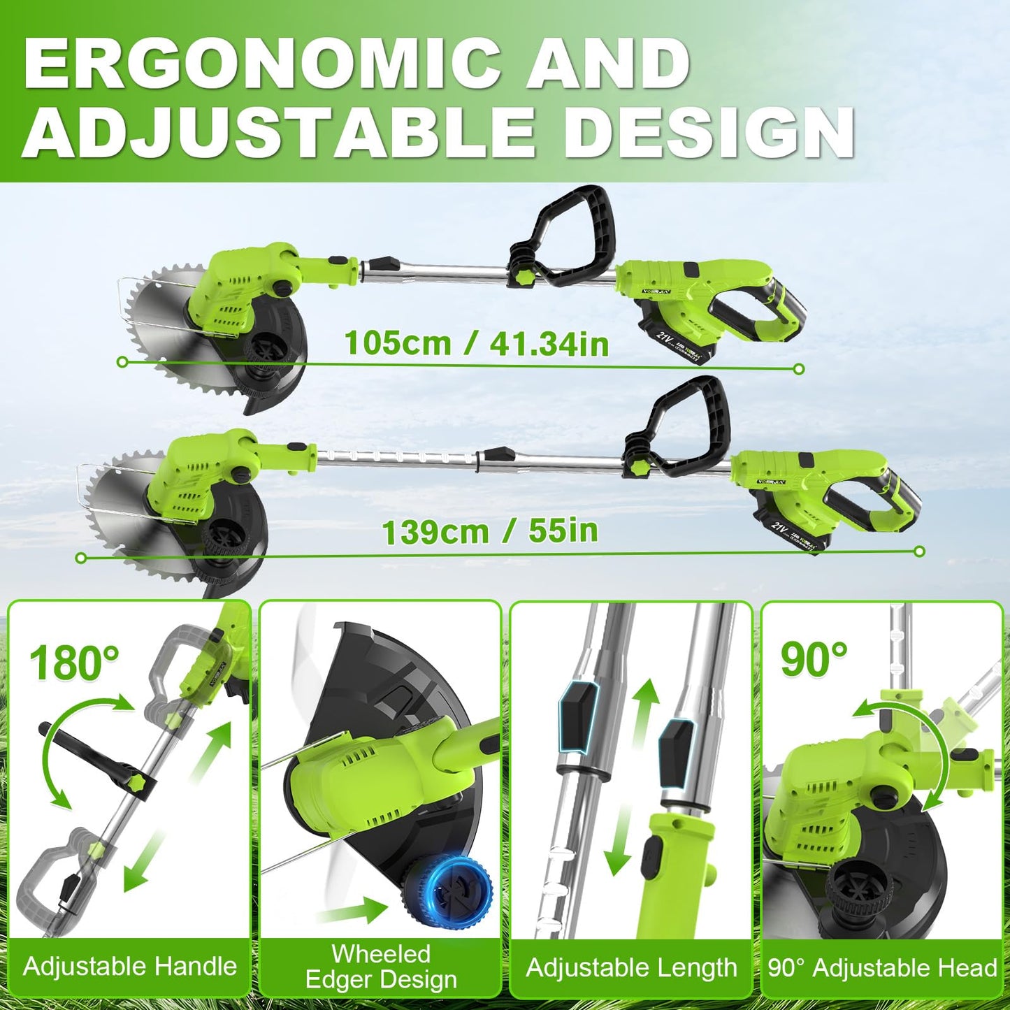 VOERJIA Cordless Strimmer Lightweight 750W with LCD Battery Display, Grass Trimmer and Brush Cutter with 2 x 2.0Ah Battery and Charger, 14-Piece 4-in-1 Garden Kit (Pro Edition)